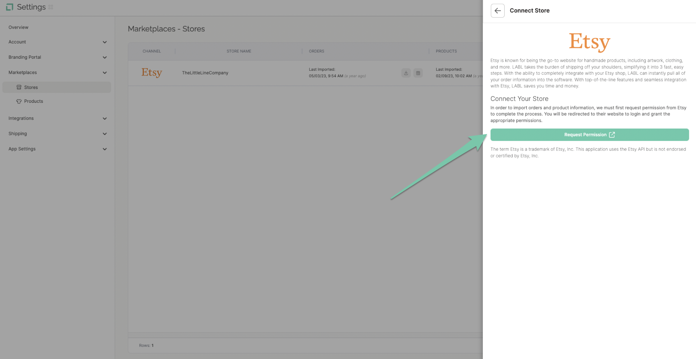 Etsy Request Permissions screen