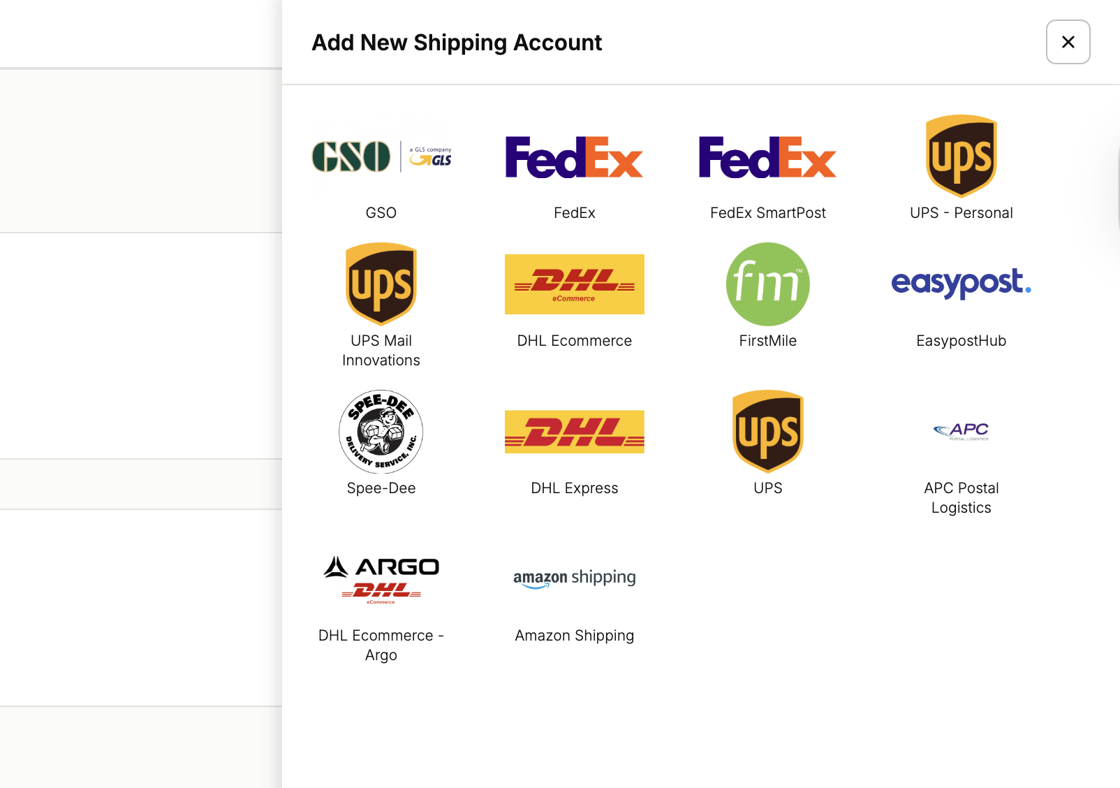 New Shipping Account selection